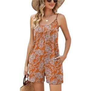 Womens Casual Summer Sleeveless Shorts Jumpsuits Orange Floral